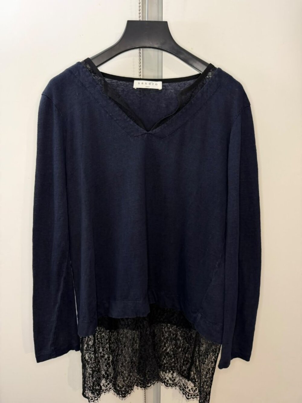 Sandro Paris Navy Lace Trim Top